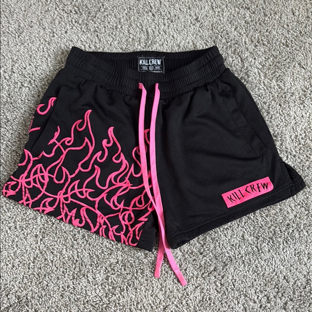 Kill Crew Black and Pink Athletic Flame Shorts